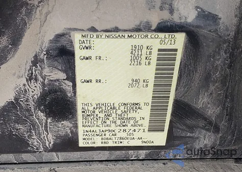 2013 Nissan Altima 2.5 Sv from USA, damaged, VIN 1N4AL3AP9DC287471